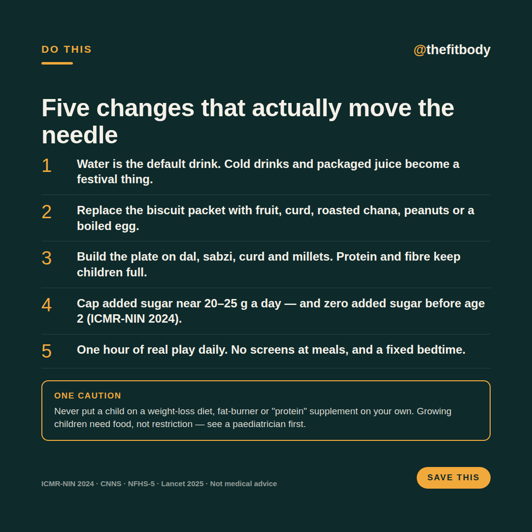 A Child Can Look Thin and Still Be Heading for Diabetes: Childhood Obesity in India A Child Can Look Thin and Still Be Heading for Diabetes: Childhood Obesity in India — slide 5: five changes and one safety note