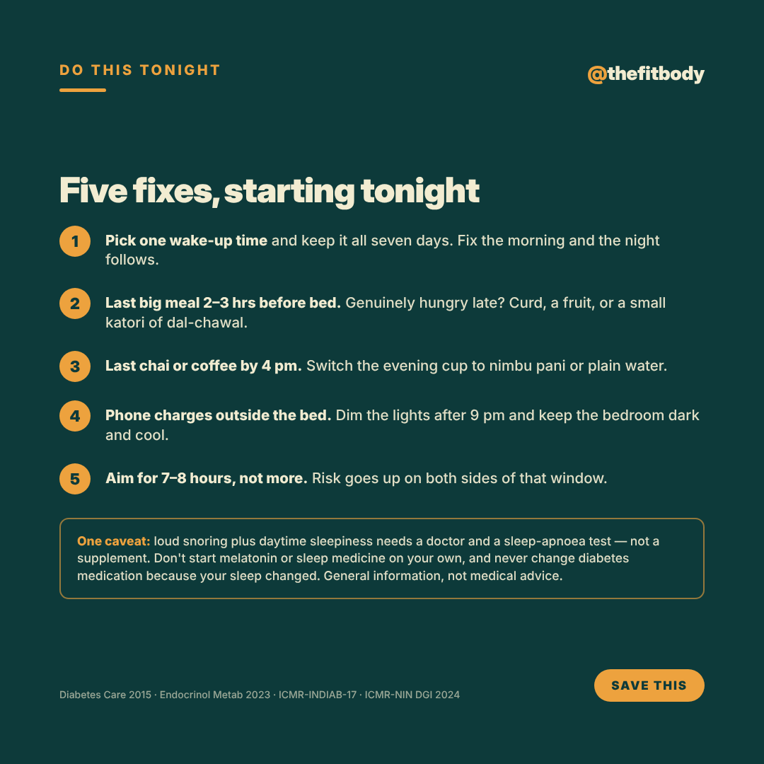 You Can Eat Perfectly and Still Lose to Five Hours of Sleep — slide 5: five fixes tonight
